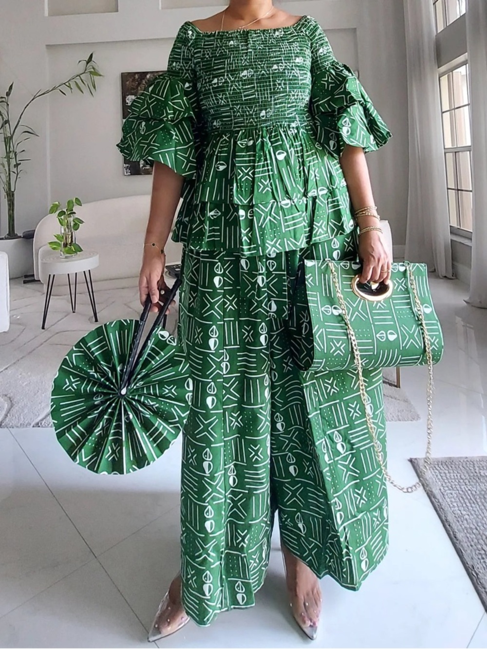 5-Piece African Ankara Pant Set – Green Elegance - Picture 4 of 7